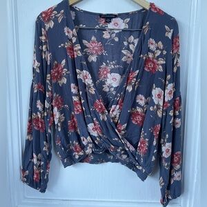 American Eagle Outfitters Floral Wrap Blouse - Blue and Red